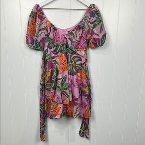 Crystal Sky Womens Mini Dress M Pink Orange Puffy Sleeves Zip Back Tie Sash EUC